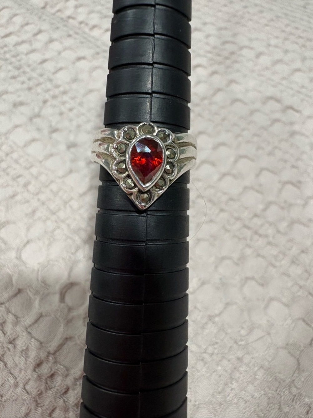 Vintage Sterling Silver 925 Stamped Silver Red Crystal Marcasite Size 7